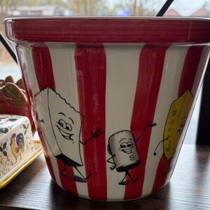 Novelty Red & White Striped Ceramic Planter with Dancing Food Characters